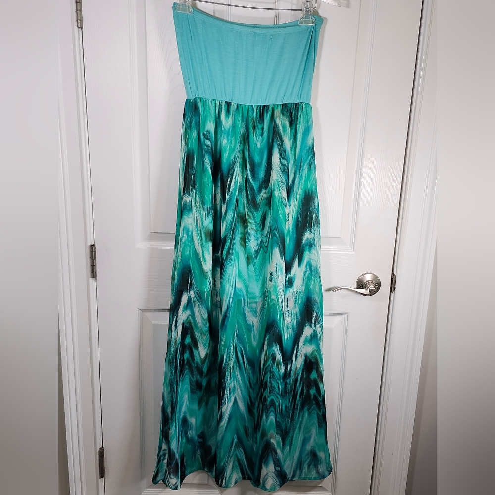 Emerald Tube Top Blue Green Chiffon Flowy Beach Casual Maxi Dress S L - Picture 4 of 8